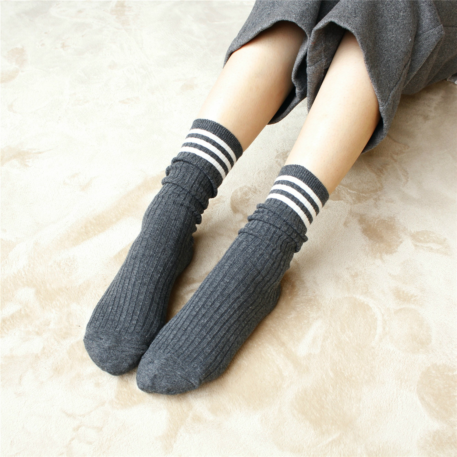 Three Bars Double Needle Slouch Socks Cotton Autumn Winter Socks Retro Socks